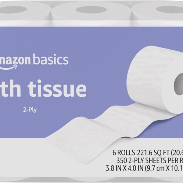 Amazon Basics 2-Ply Toilet Paper, 6 Rolls (1 Packs of 6), Equivalent to 25 regular rolls