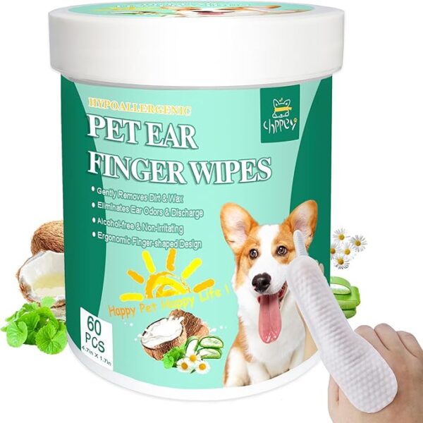Pet Ear Wipes Finger - Ear Cleaner Finger Wipes for Dog, Relieve Ear Itching and Inflammation, Remove Ear Wax and Debris, Soothing Cleansing Deodorizing Ear Care Wipes for Cat and Dog, Pet Ear Relief