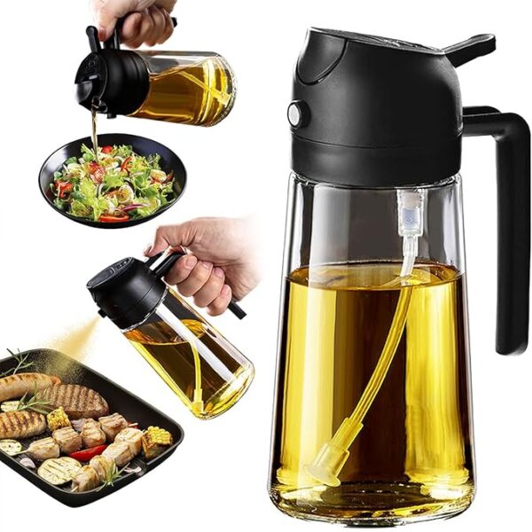 TrendPlain 16oz/470ml Glass Olive Oil Sprayer for Cooking - 2 in 1 Olive Oil Dispenser for Kitchen Gadgets, Air Fryer, Salad, and BBQ - Black