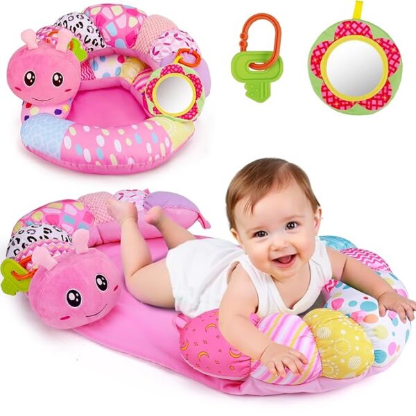 2 in 1 Baby Tummy Time Mat & Support Seated Pillow Infant Newborn Toys 0 1 2 3 4 5 6 Months Pink Caterpillar Sensory Developmental Playmat 0-6 3-6 12 Month Babies Mirror Shower Gifts for Girls Boys