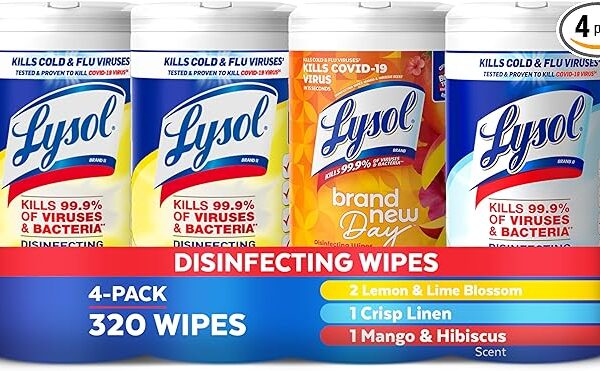 Lysol Disinfecting Wipes Bundle, Home Apartment Dorm Room Essentials and Cleaning Supplies, All Purpose Cleaner, Multi-surface Cleaning Wipes, Multi-Scent Sanitizing Wipes Bundle, 80 Count (4pk)