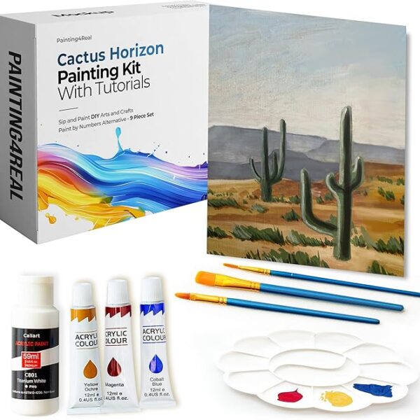Painting4Real DIY Painting Class Kit for Adults with Video Tutorials: Learn to Paint Cactus Horizon – How to Paint with Acrylics – Painting & Art Supplies – 9 Piece Acrylic Paint Set