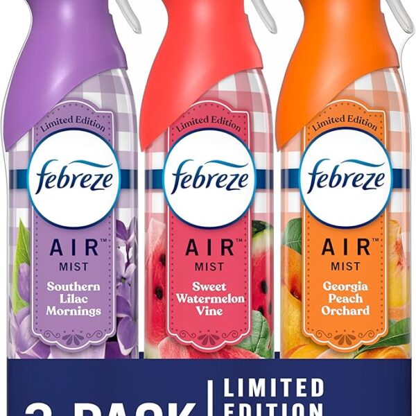 Febreze Air Mist Air Freshener Spray, Odor-Fighting Room Spray for Home, Bathroom and Kitchen, Aerosol Can, Southern Lilac Mornings, Georgia Peach Orchard, Sweet Watermelon Vine Scent, 8.8oz, 3 Count